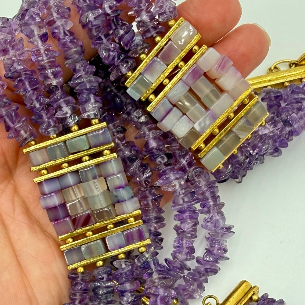 Amethyst Multi Strand Choker Necklace & Bracelet Set Mosaic Agate 161g Stunning - Picture 17 of 17